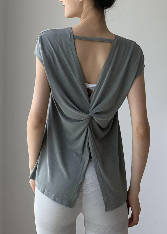 Blackish Solid Brief Wrinkled Sleeve O-Neck Short Green Top Yoga