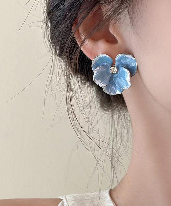 Earrings Brief Zircon Blue Alloy Floral Stud