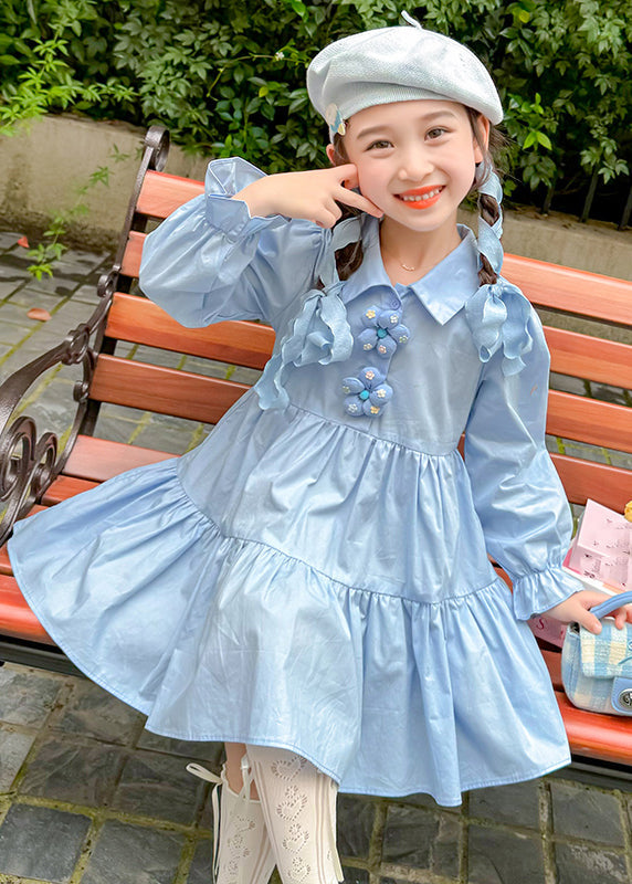 Brief Blue Peter Pan Collar Patchwork Floral Button Girls Maxi Dresses Long Sleeve YE030