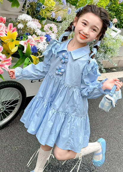 Brief Blue Peter Pan Collar Patchwork Floral Button Girls Maxi Dresses Long Sleeve YE030