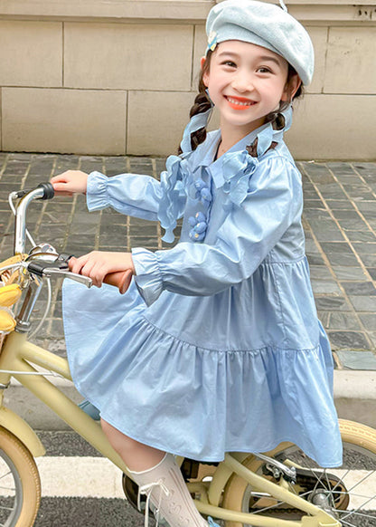 Brief Blue Peter Pan Collar Patchwork Floral Button Girls Maxi Dresses Long Sleeve YE030