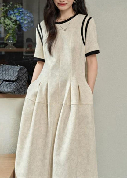 Summer Grey O-Neck Dresses Wrinkled Patchwork Brief Maxi Light