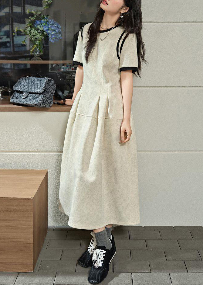 Summer Grey O-Neck Dresses Wrinkled Patchwork Brief Maxi Light