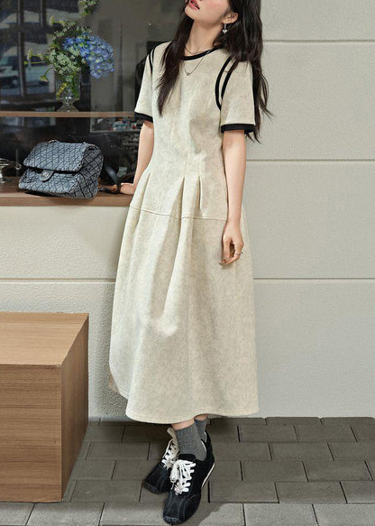 Summer Grey O-Neck Dresses Wrinkled Patchwork Brief Maxi Light