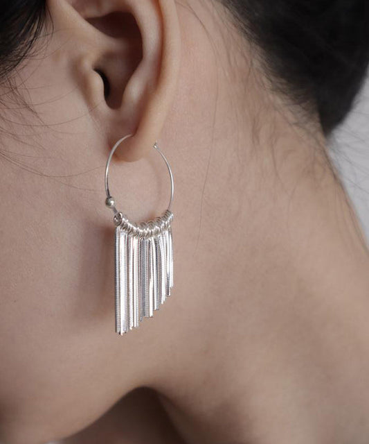 Tassel Waterfall Silk 925 Brief Hoop Earrings Silver
