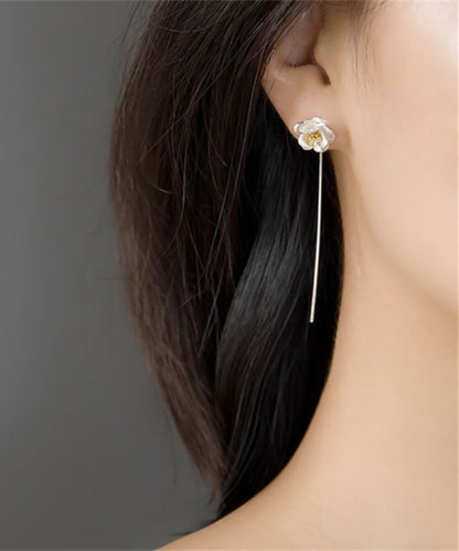 Brief Silk Sterling Silver Camellia Flower Tassel Drop Earrings QQ028