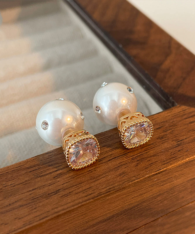 Brief White Copper Inlaid Zircon Pearl Stud Earrings QQ025