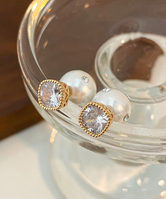 Brief White Copper Inlaid Zircon Pearl Stud Earrings QQ025