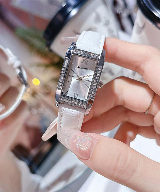 Brief Zircon Watches Leather White Square