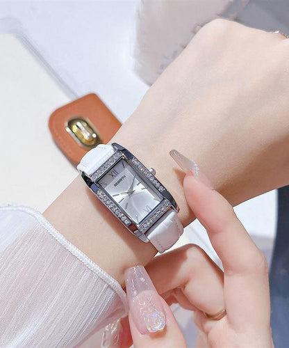 Brief Zircon Watches Leather White Square