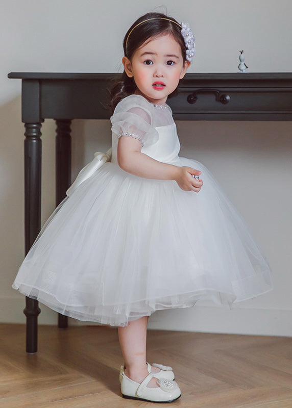 Brief White O-Neck Patchwork Tulle Girls Long Dress Summer YS036