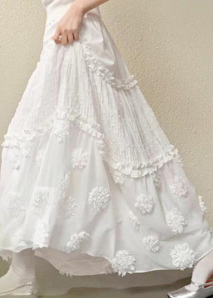 White Waist Maxi Brief Ruffled Elastic Patchwork Skirt