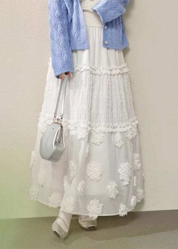 White Waist Maxi Brief Ruffled Elastic Patchwork Skirt