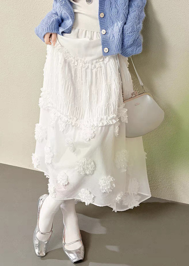 White Waist Maxi Brief Ruffled Elastic Patchwork Skirt