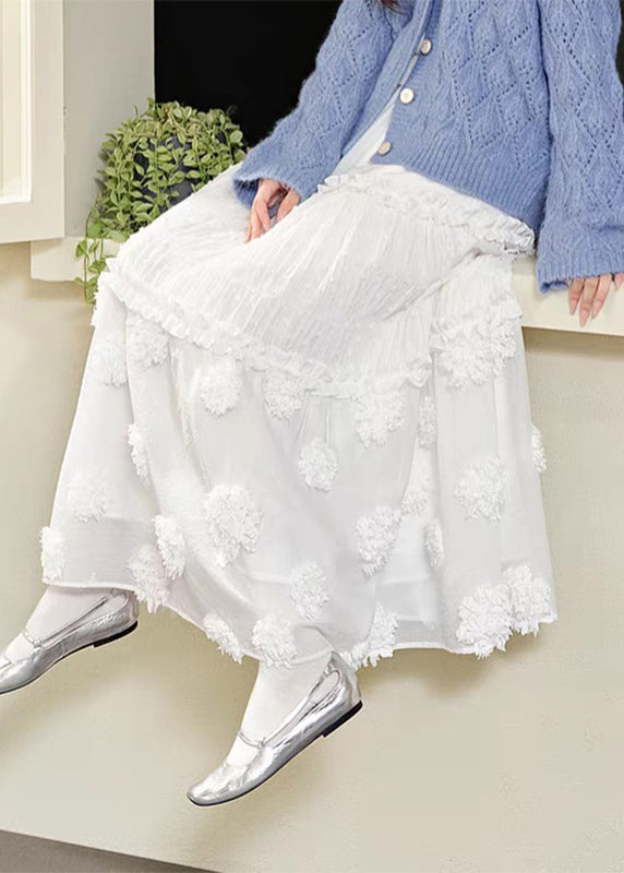 White Waist Maxi Brief Ruffled Elastic Patchwork Skirt