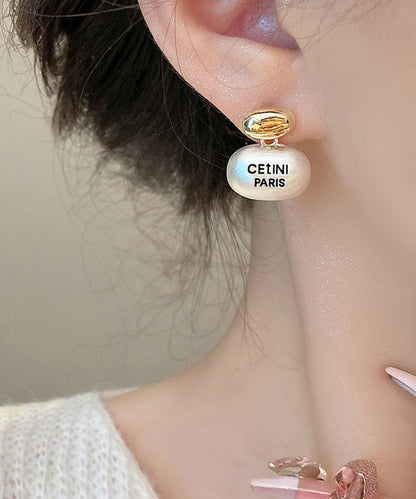 Brief White Sterling Silver Alloy Golden Bean Stud Earrings PO034