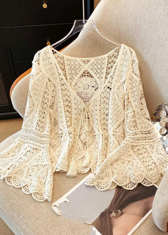 Hollow Lace Brief Shirt V White Out Neck Spring