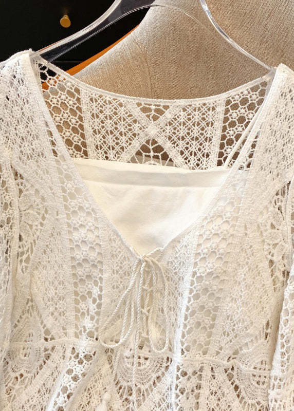 Hollow Lace Brief Shirt V White Out Neck Spring