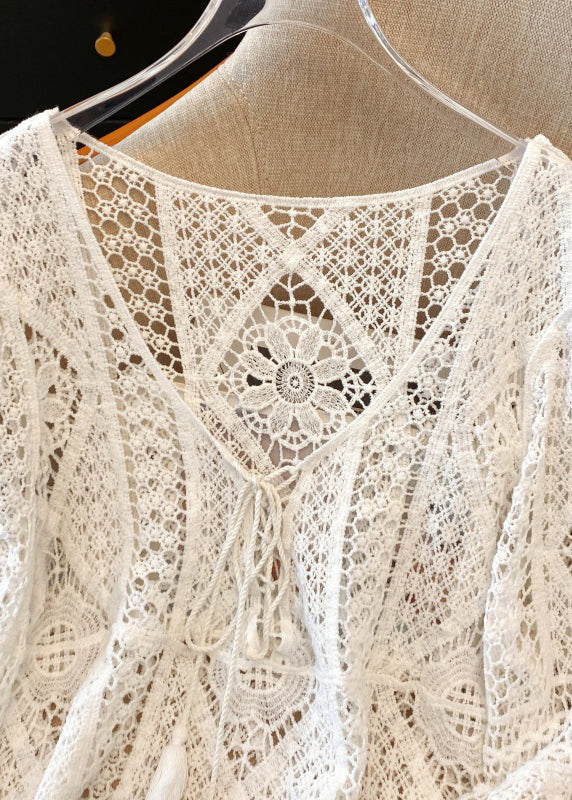 Hollow Lace Brief Shirt V White Out Neck Spring