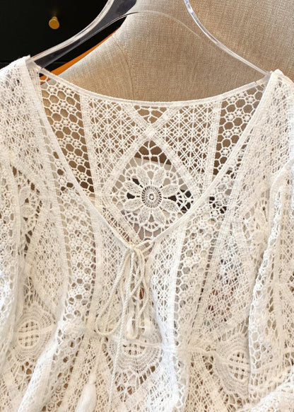 Hollow Lace Brief Shirt V White Out Neck Spring