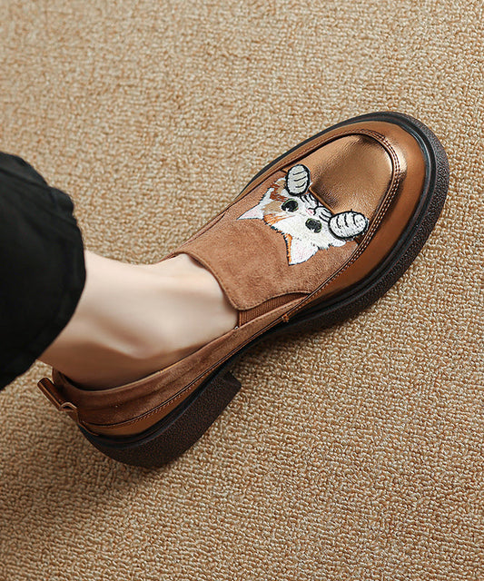 Loafer Cats Brown Chunky Splicing Embroidered Suede Shoes