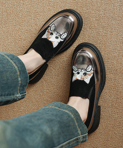 Loafer Cats Brown Chunky Splicing Embroidered Suede Shoes