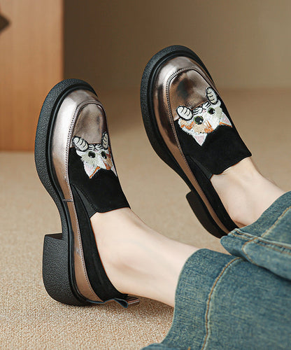 Loafer Cats Brown Chunky Splicing Embroidered Suede Shoes