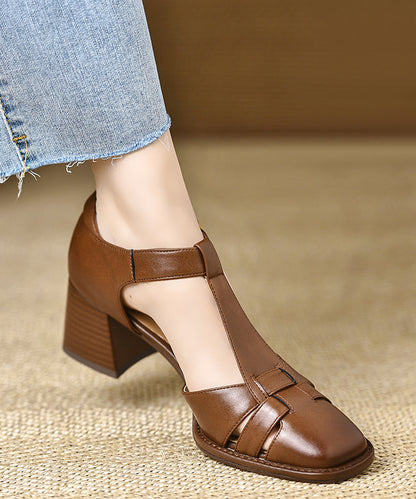 Fine Brown Leather Heel Cowhide Splicing Sandals Chunky