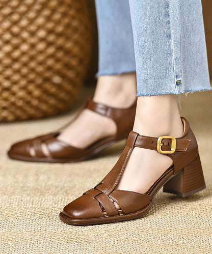 Fine Brown Leather Heel Cowhide Splicing Sandals Chunky