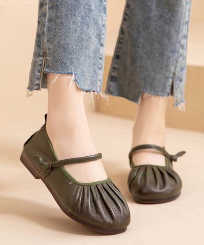 Wrinkled Splicing Cowhide Leather Comfy Women Shoes Flat Brown