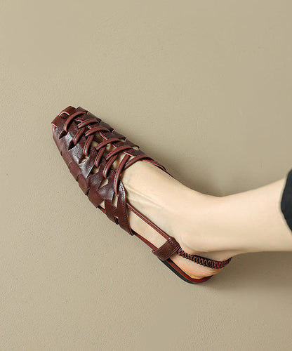 Brown Cowhide Leather Out Hollow Sandals Splicing Flat Breathable