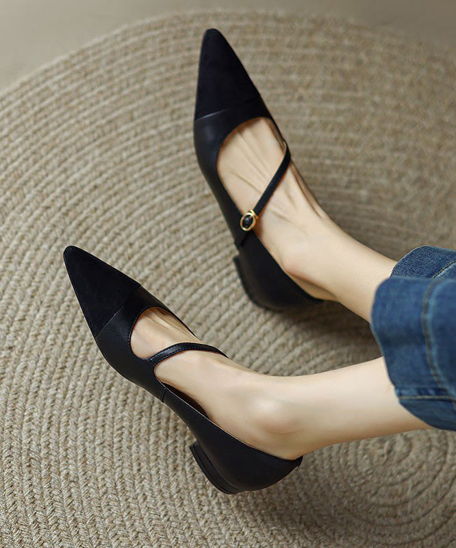 Toe Shoes Leather Splicing Pointed Flat Cowhide Brown French