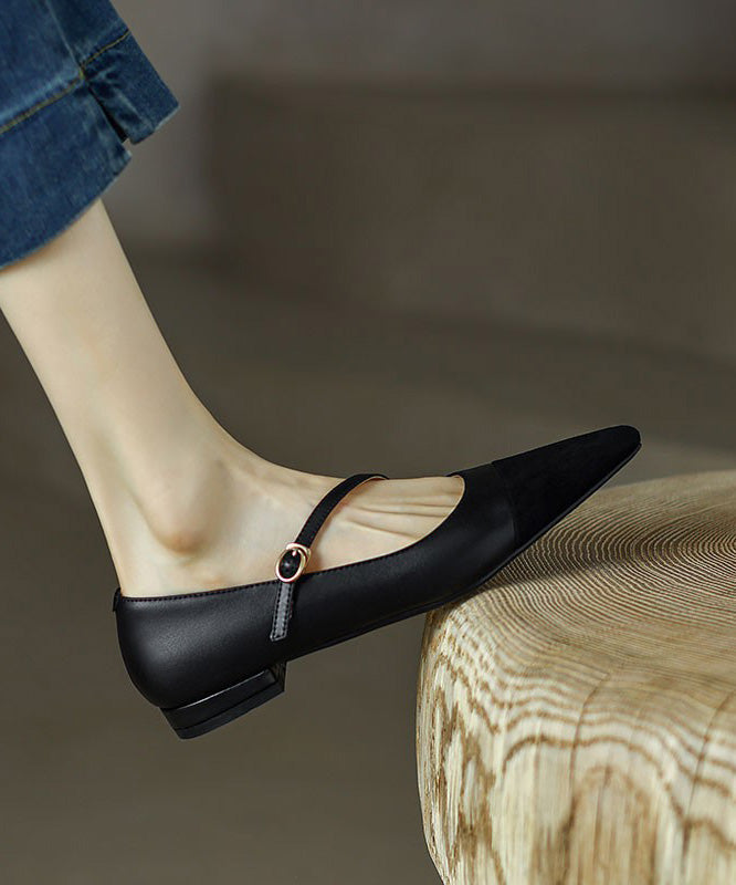 Toe Shoes Leather Splicing Pointed Flat Cowhide Brown French