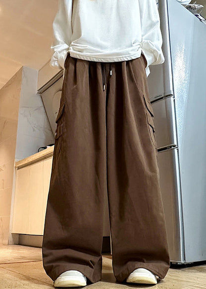 Pants Wide Leg Elastic Cotton Brown Waist Mens Drawstring Solid