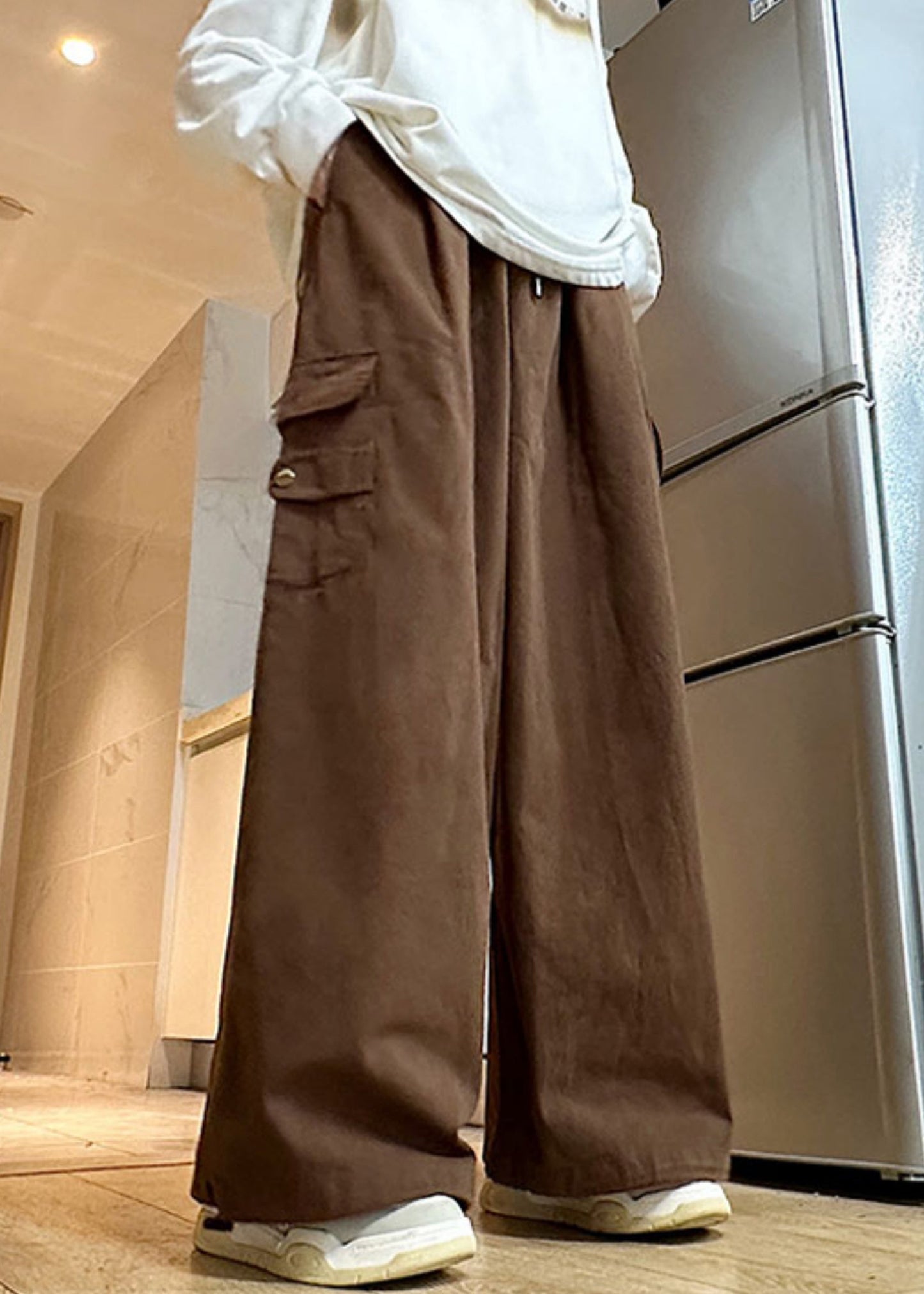 Pants Wide Leg Elastic Cotton Brown Waist Mens Drawstring Solid