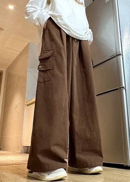 Pants Wide Leg Elastic Cotton Brown Waist Mens Drawstring Solid
