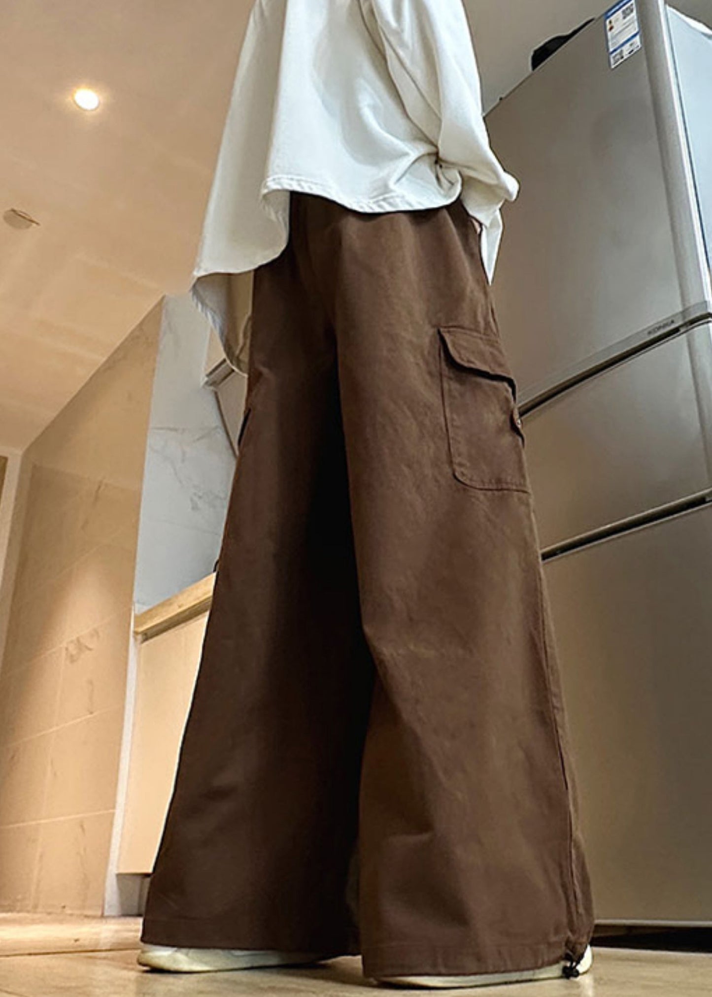 Pants Wide Leg Elastic Cotton Brown Waist Mens Drawstring Solid