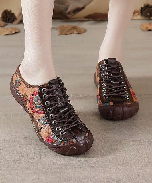 Strap Cowhide Shoes Embossed Flat Splicing Cross Brown Leather