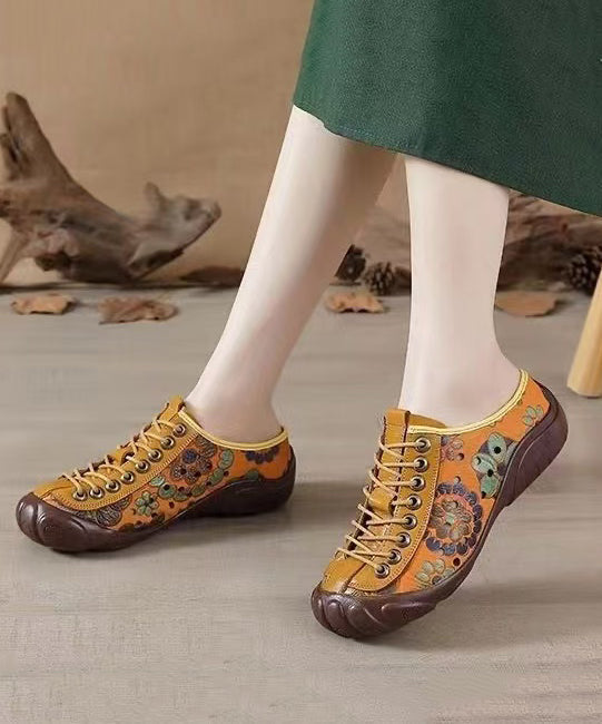 Strap Cowhide Shoes Embossed Flat Splicing Cross Brown Leather