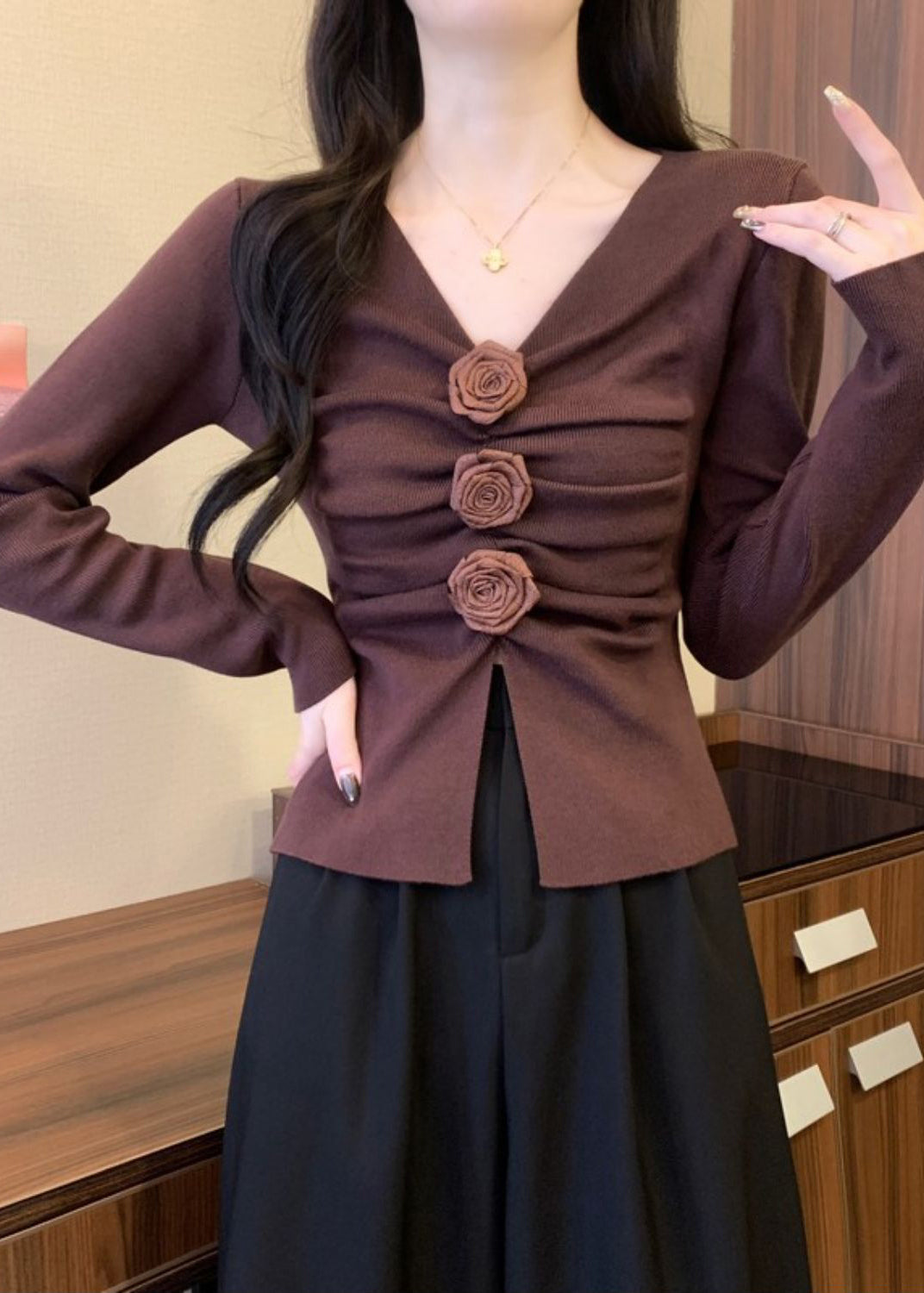 Brown Floral Knit Pullover Side Open Spring TM031