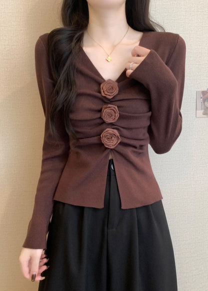 Brown Floral Knit Pullover Side Open Spring TM031