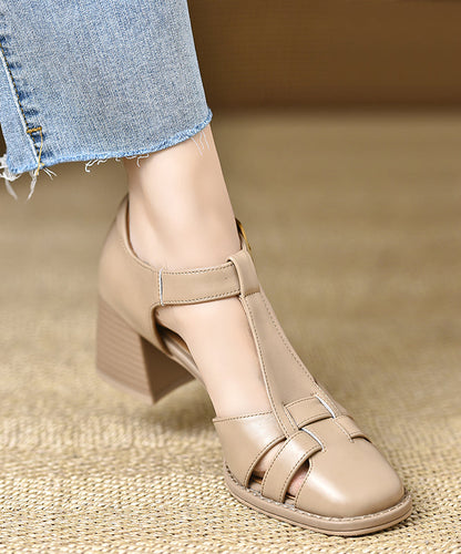 Hollow Cowhide Leather Out Splicing Chic Brown Chunky Sandals