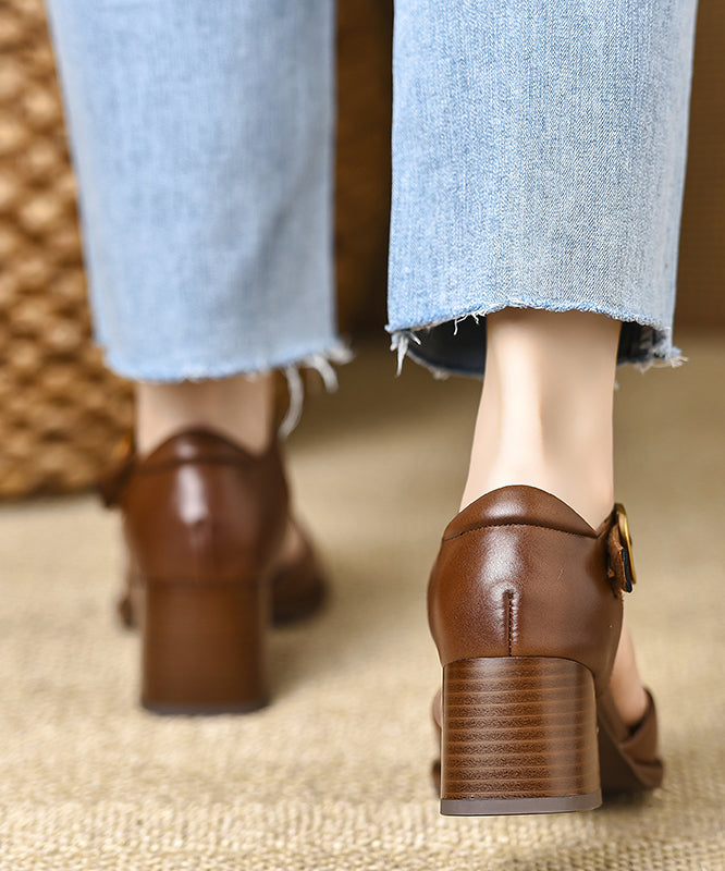 Hollow Cowhide Leather Out Splicing Chic Brown Chunky Sandals