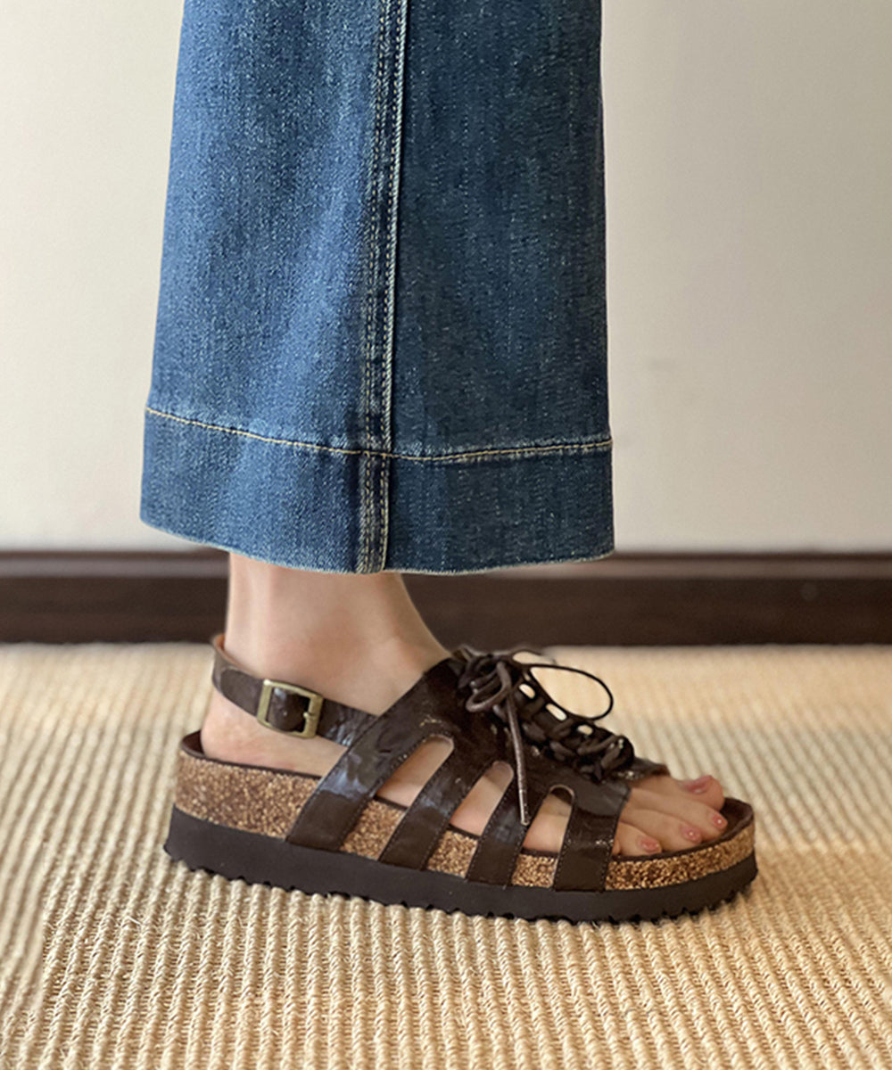 Brown Out Lace Toe Hollow Splicing Up Sandals Peep Platform