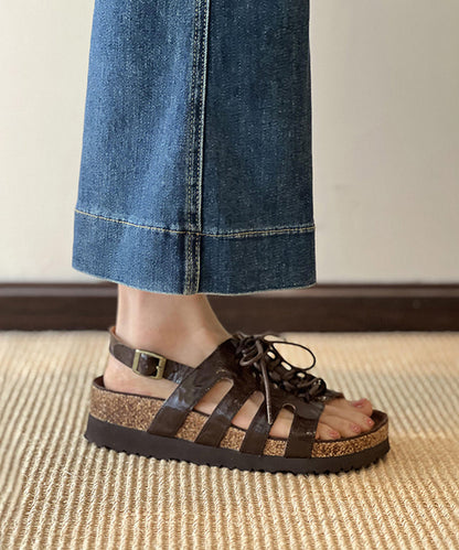 Brown Out Lace Toe Hollow Splicing Up Sandals Peep Platform