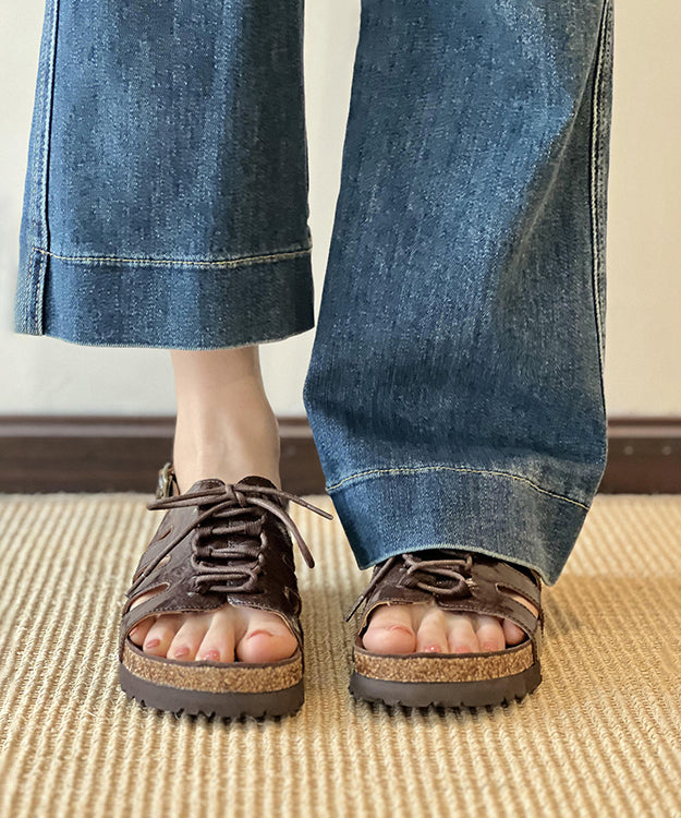 Brown Out Lace Toe Hollow Splicing Up Sandals Peep Platform