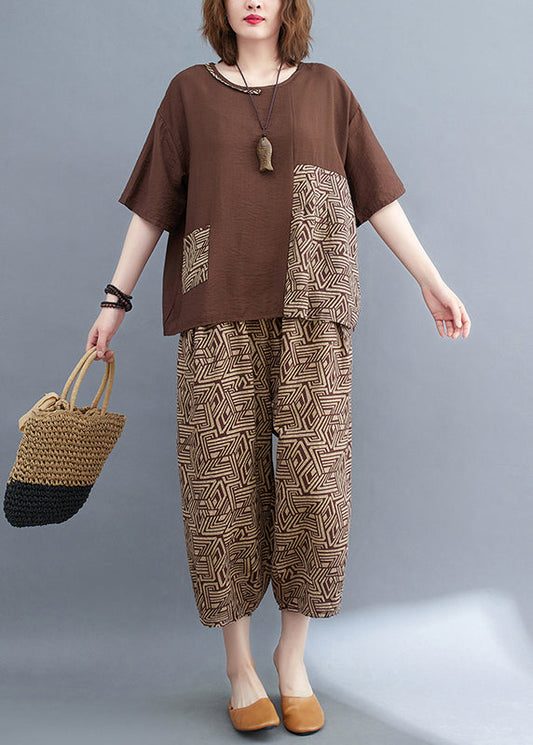 Two Print Summer Patchwork Set Brown Cotton Piece Asymmetrical