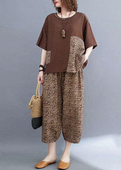 Two Print Summer Patchwork Set Brown Cotton Piece Asymmetrical