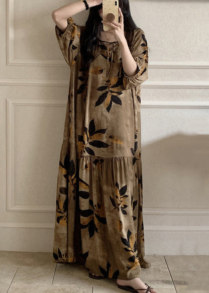 Summer Up Lace Pajamas Cotton Dress Maxi Prin Neck O Brown