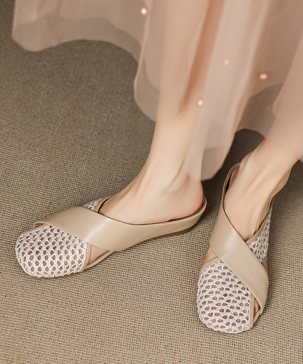 New Slide Sheepskin Sandals Breathable Brown Splicing Mesh